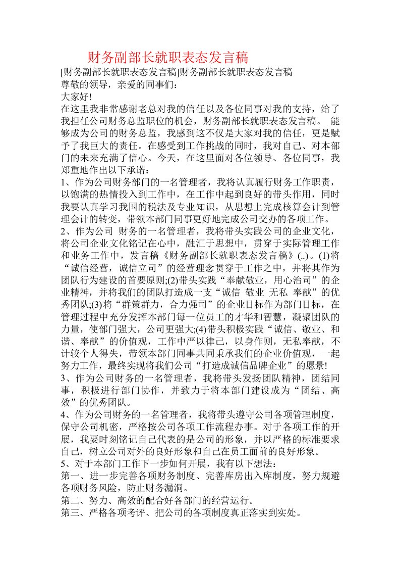 财务副部长就职表态发言稿