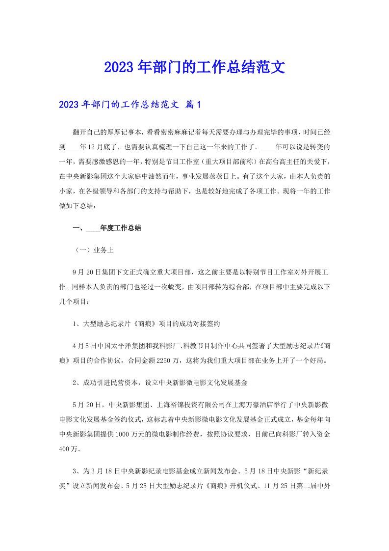 2023年部门的工作总结范文