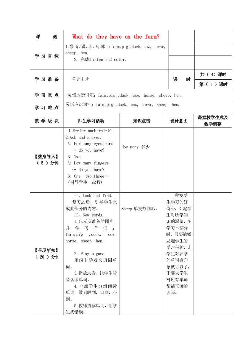 四年级英语上册Unit2WhatDoTheyHaveontheFarm教案陕旅版正式版