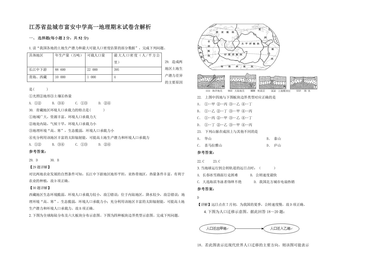 江苏省盐城市富安中学高一地理期末试卷含解析