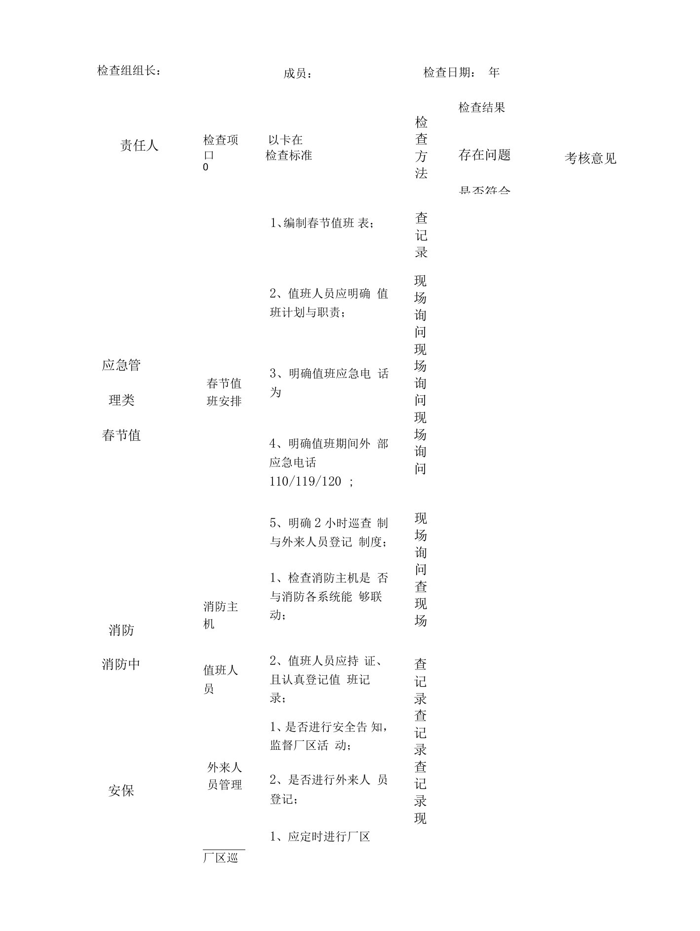 【安全管理】节前安全检查表