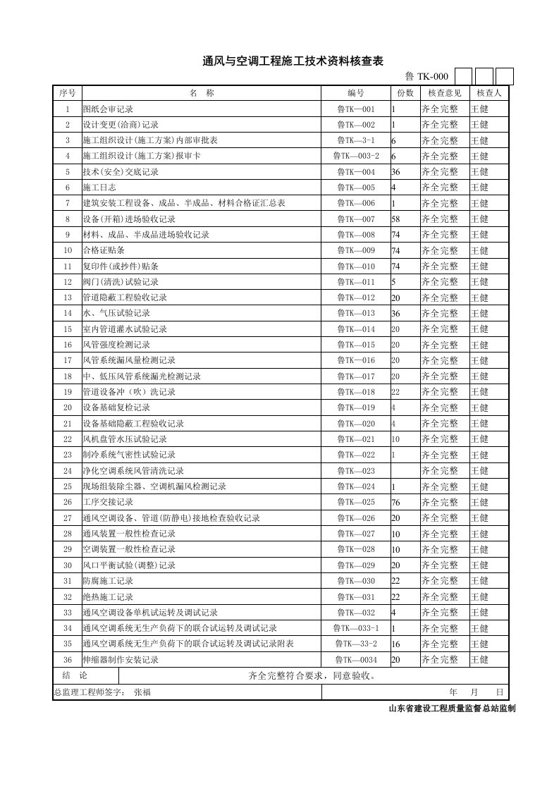 第八部分通风与空调工程施工技术资料核查表