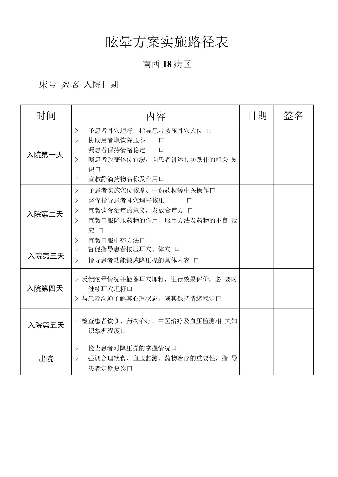 眩晕健教路径表