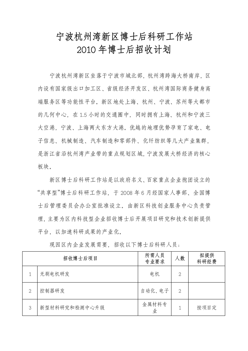 宁波杭州湾新区博士后科研工作站XXXX年博士后招收计划-