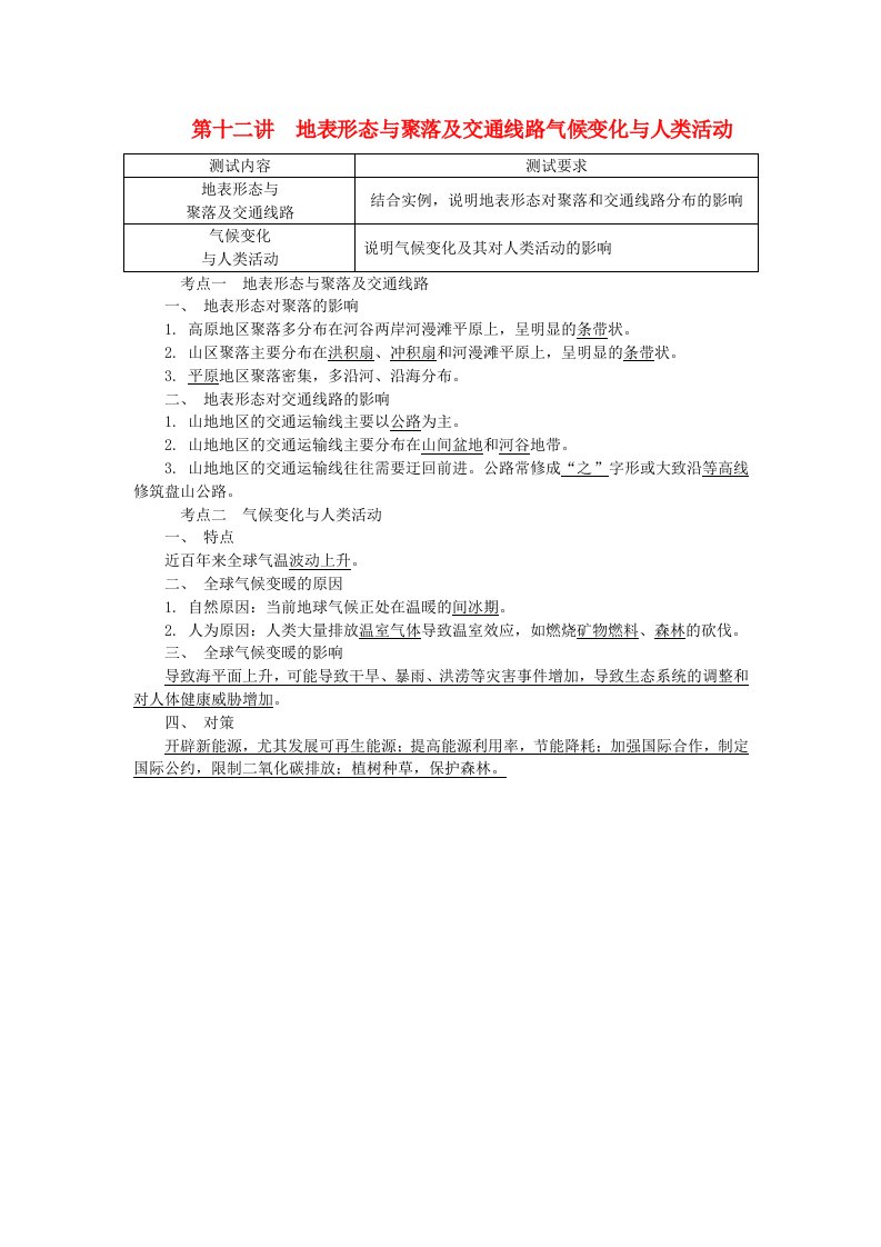 江苏省高中地理第十二讲地表形态与聚落及交通线路气候变化与人类活动学业水平测试新人教版