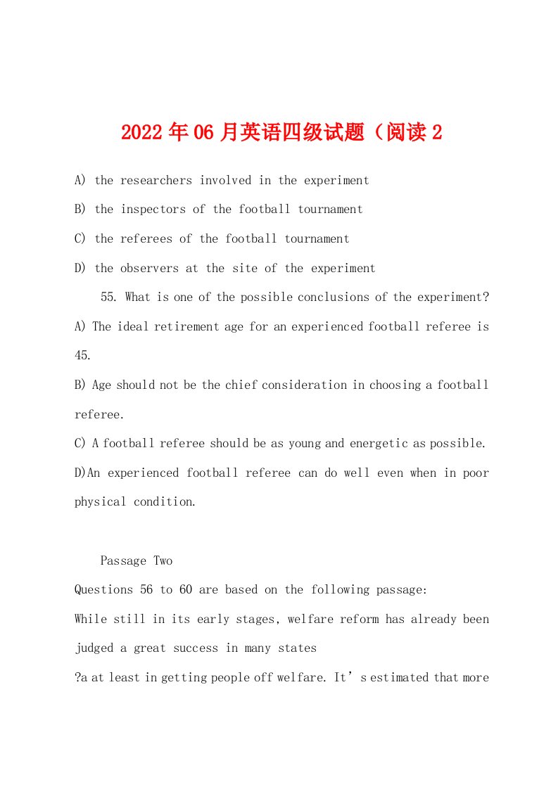 2022年06月英语四级试题（阅读2