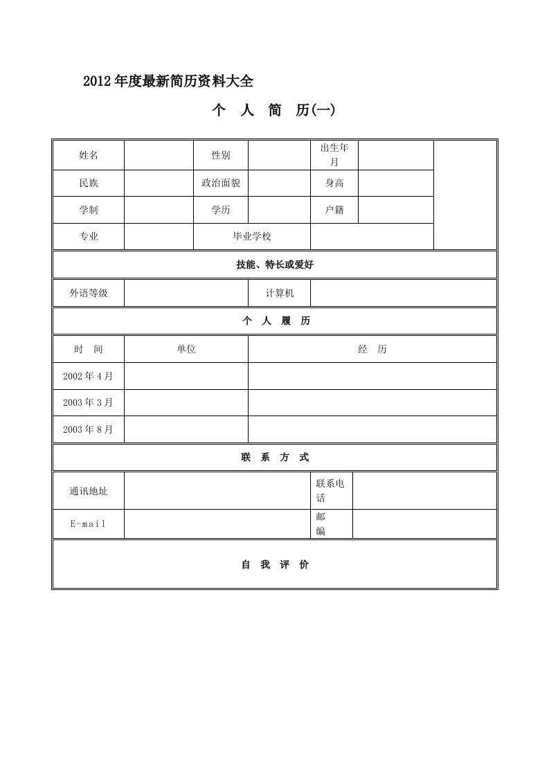 [工作]空白简历、个人简历介绍、简历格式、内容介绍