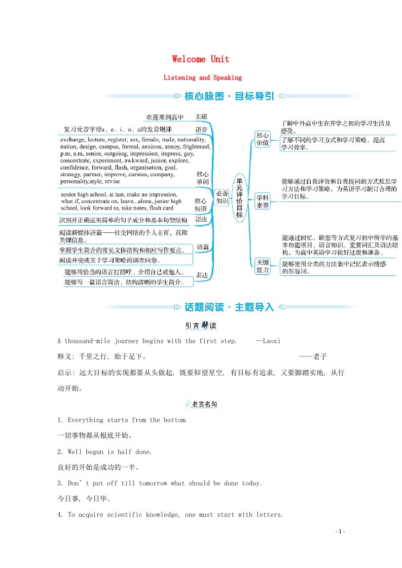 2021_2022学年新教材高中英语WelcomeUnitListeningandSpeaking学案含解析新人教版必修第一册