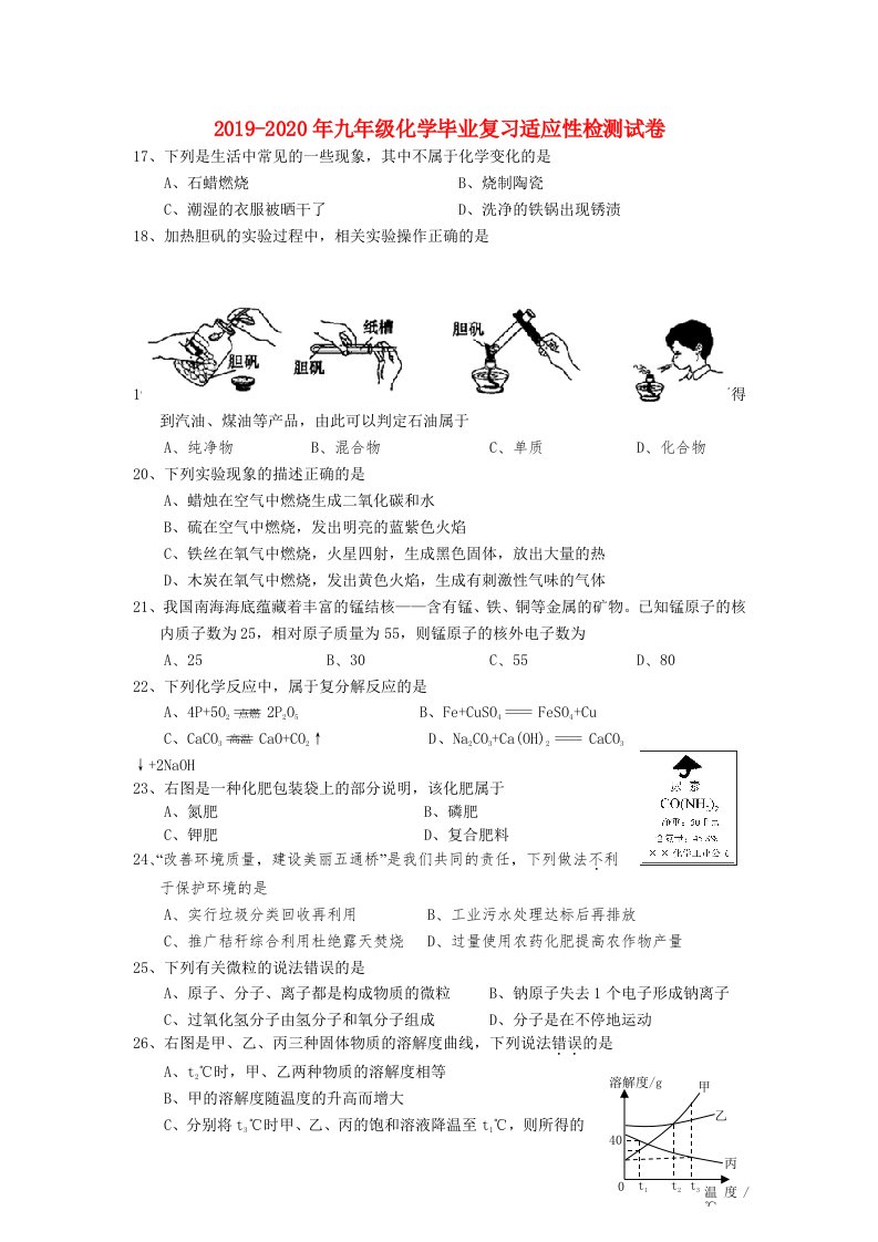 2019-2020年九年级化学毕业复习适应性检测试卷