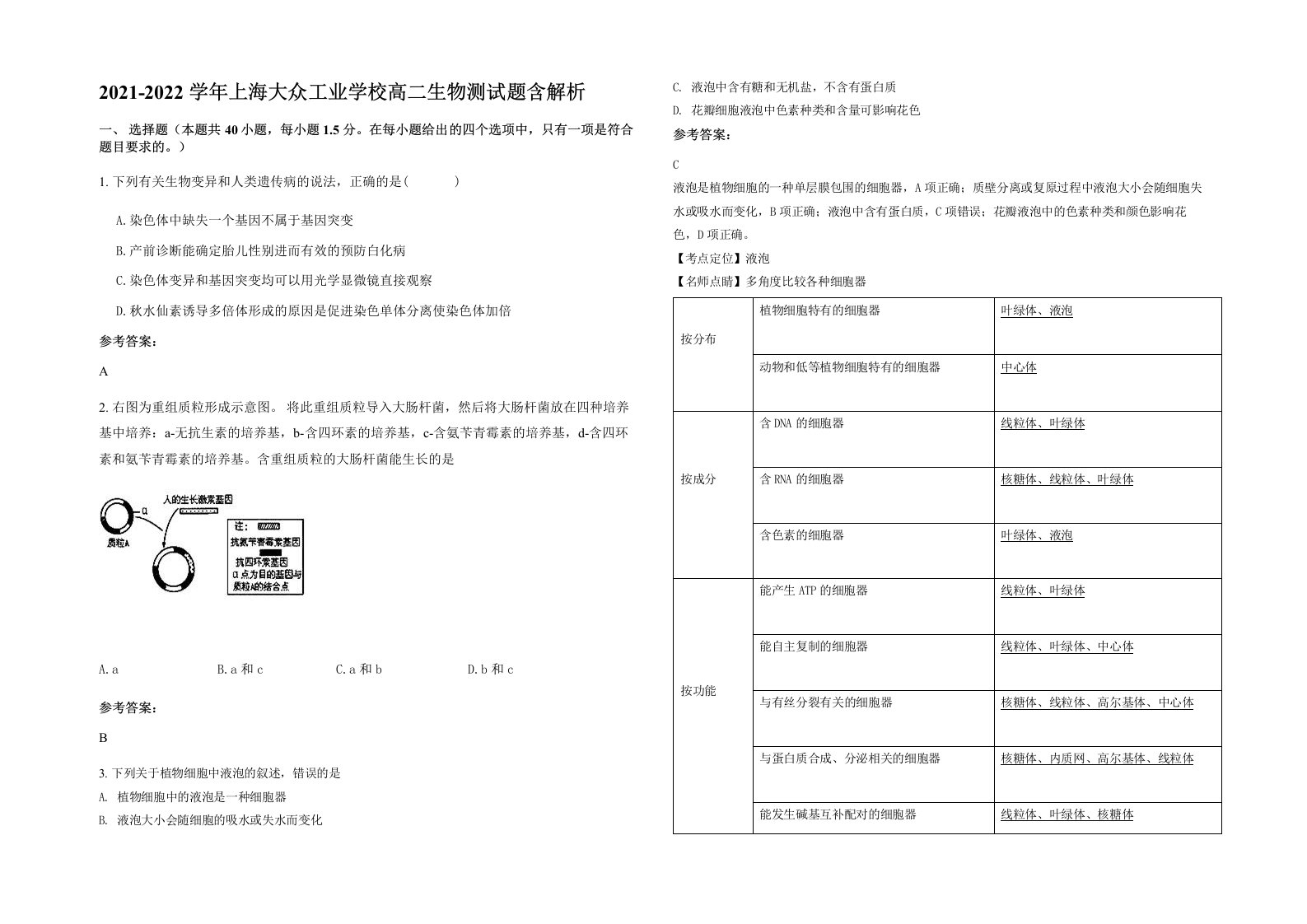 2021-2022学年上海大众工业学校高二生物测试题含解析