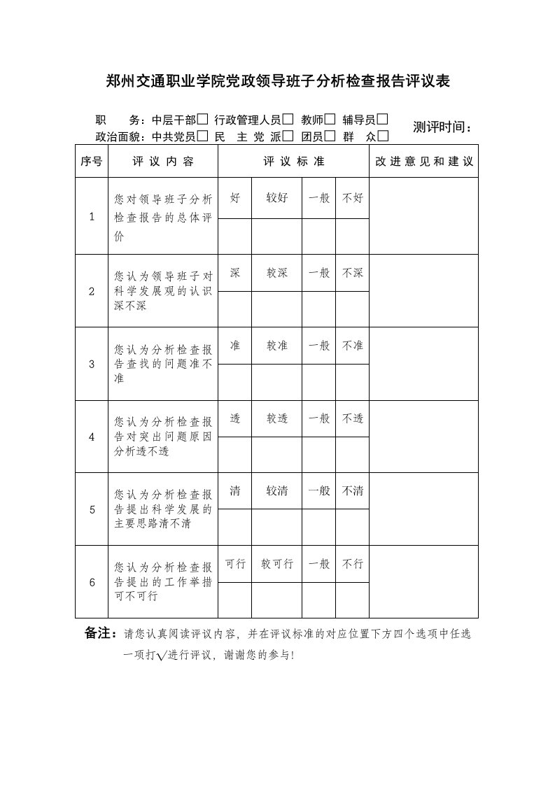 郑州交通职业学院党政领导班子分析检查报告评议表