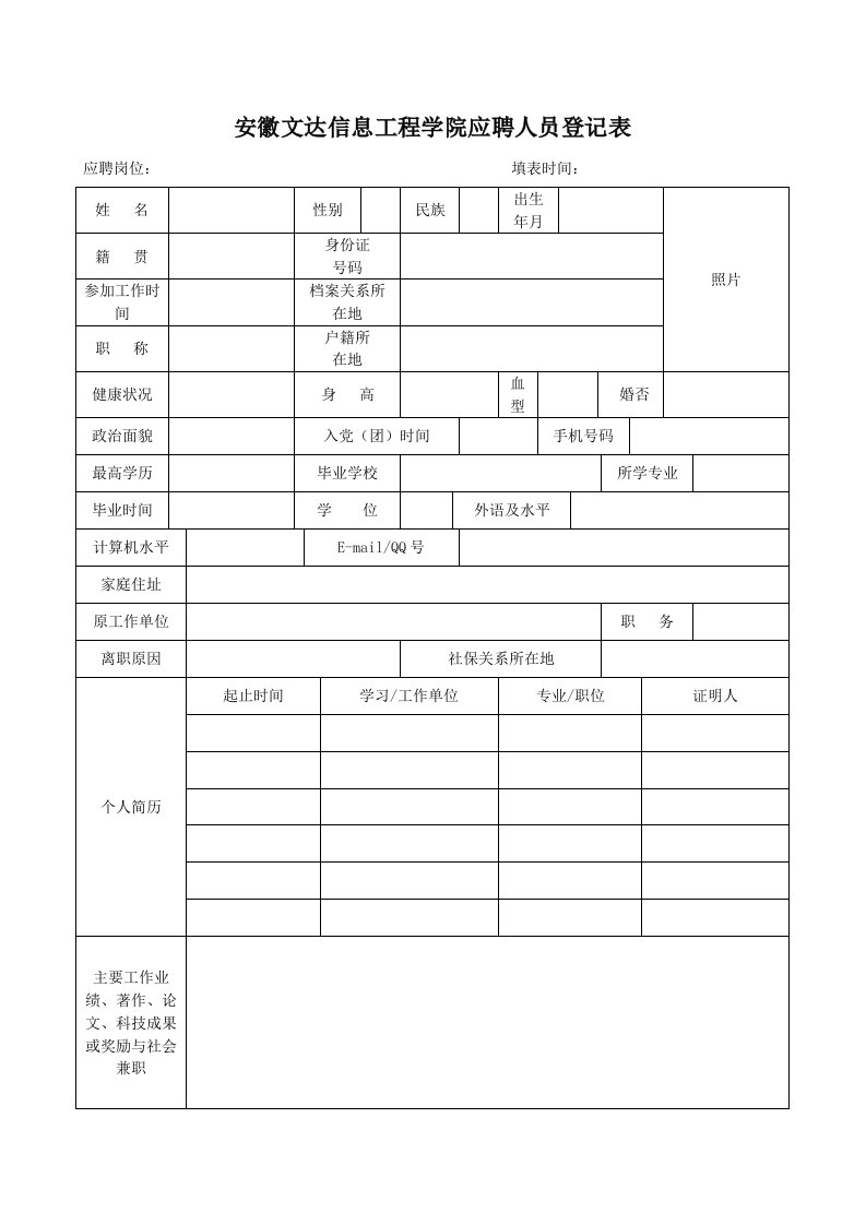 安徽文达信息工程学院应聘人员登记表