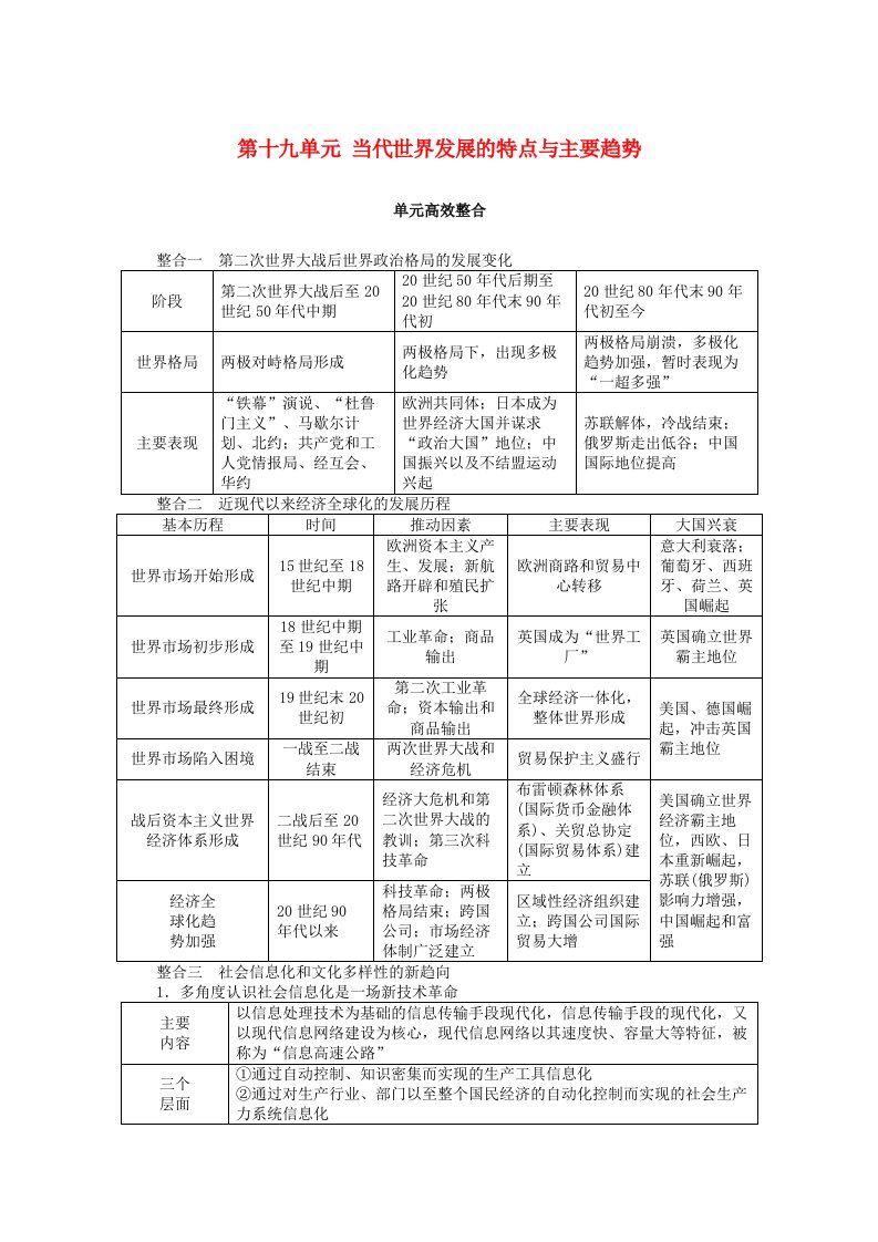 2022届新教材高考历史一轮复习第十九单元当代世界发展的特点与主要趋势单元高效整合学案新人教版