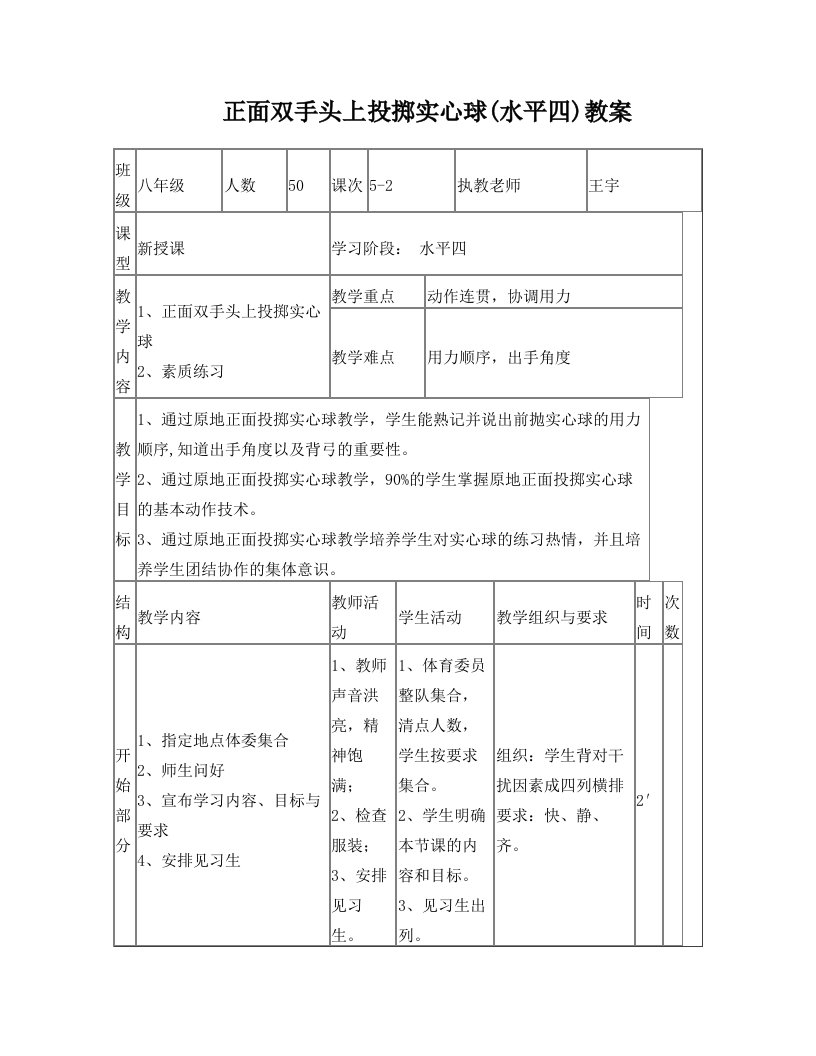 正面双手头上投掷实心球教案