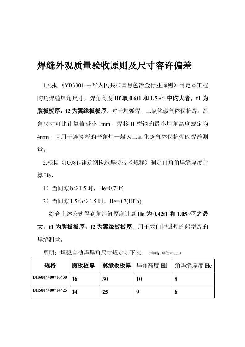 焊缝外观质量验收重点标准及尺寸允许偏差