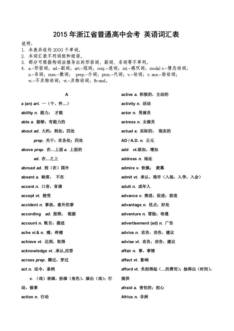 浙江省普通高中会考英语词汇表