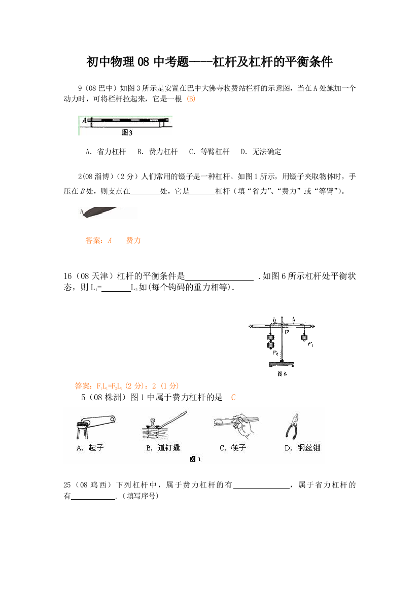 初中物理08中考题杠杆及杠杆的平衡条件