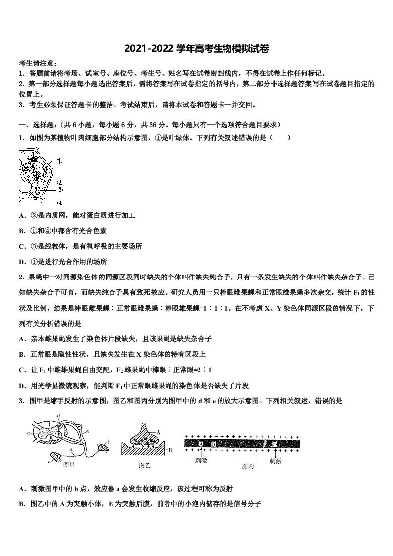 2022年河南省许昌市高级中学高三第四次模拟考试生物试卷含解析