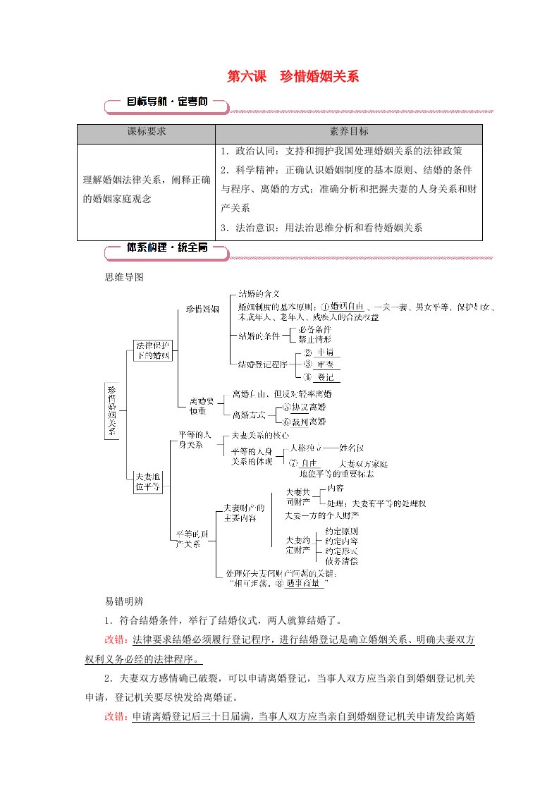 2025版高考政治一轮总复习知识导航选择性必修2第2单元家庭与婚姻第6课珍惜婚姻关系