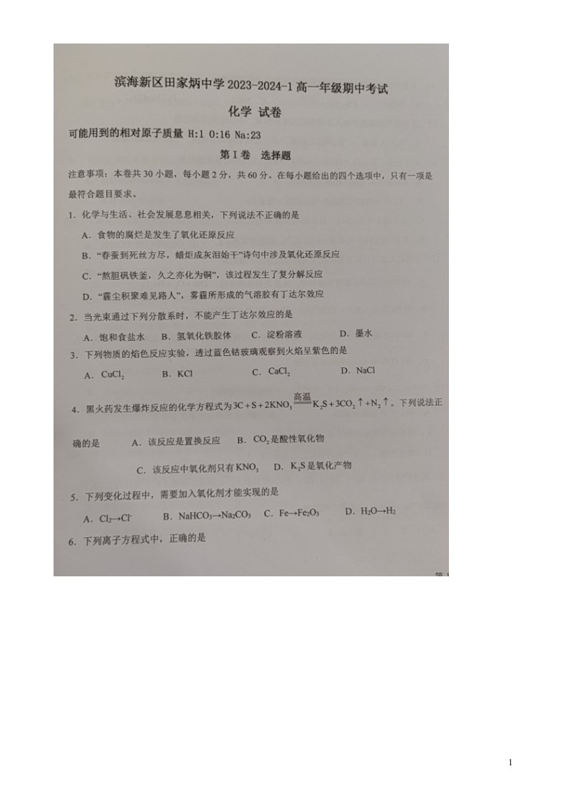 天津市滨海新区2023_2024学年高一化学上学期期中试题扫描版无答案