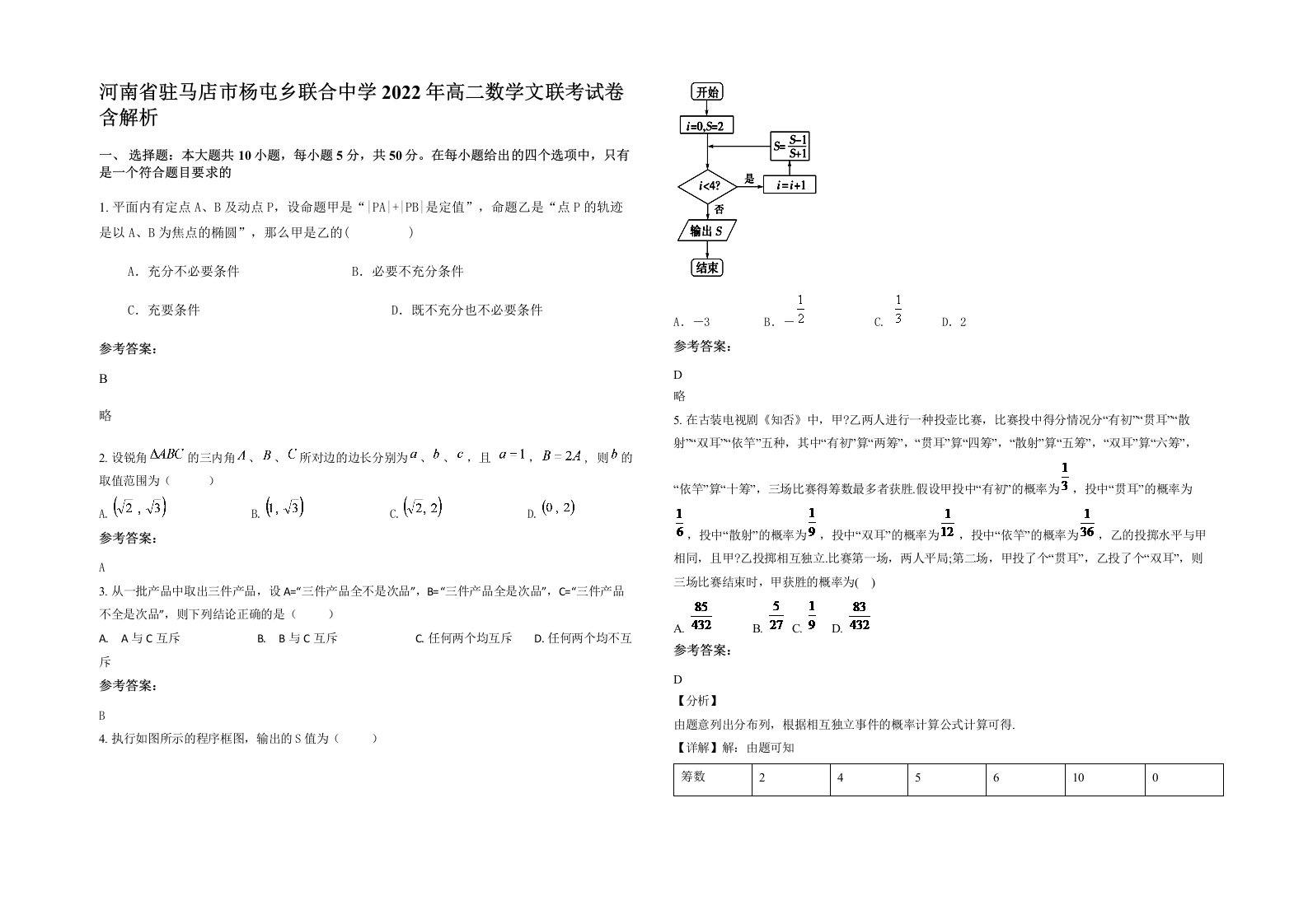 河南省驻马店市杨屯乡联合中学2022年高二数学文联考试卷含解析