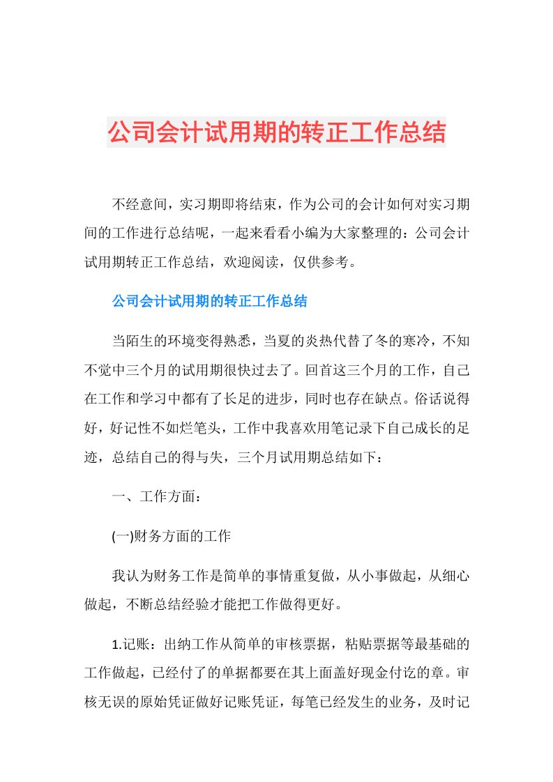 公司会计试用期的转正工作总结