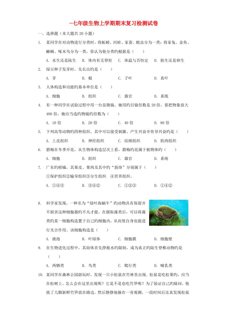 七年级生物上学期期末复习检测试卷