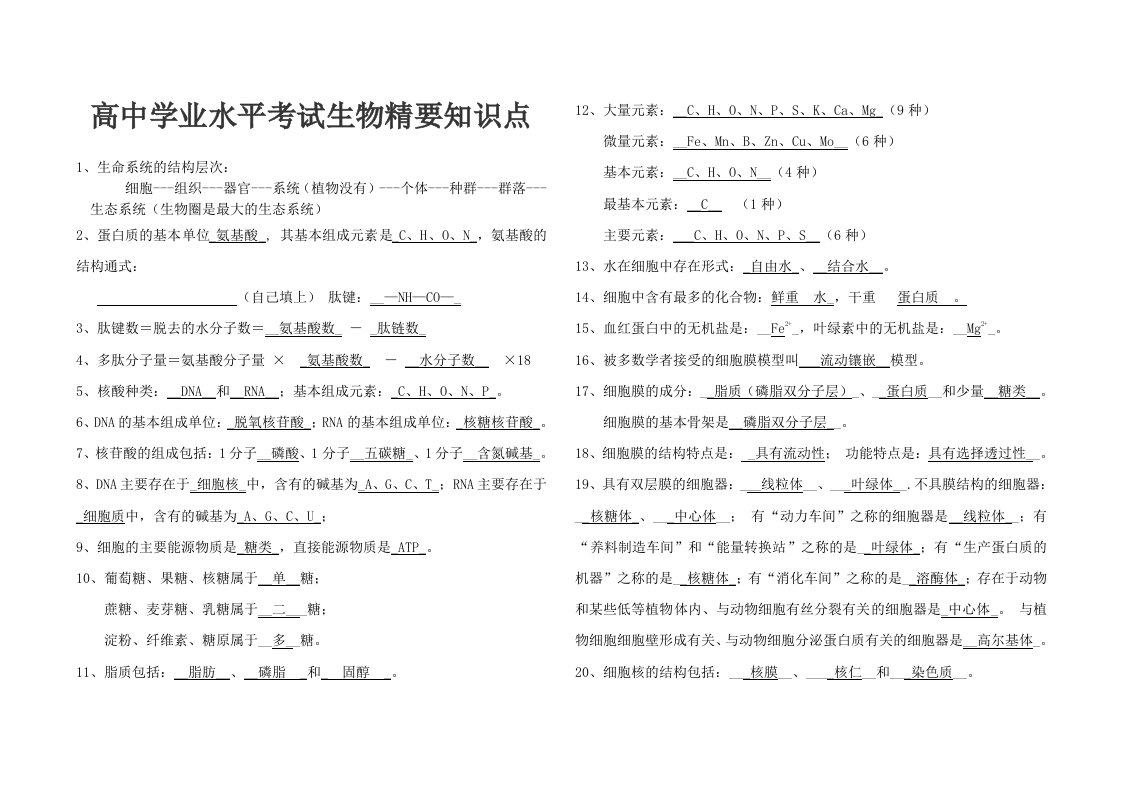 高中生物学考必背知识点