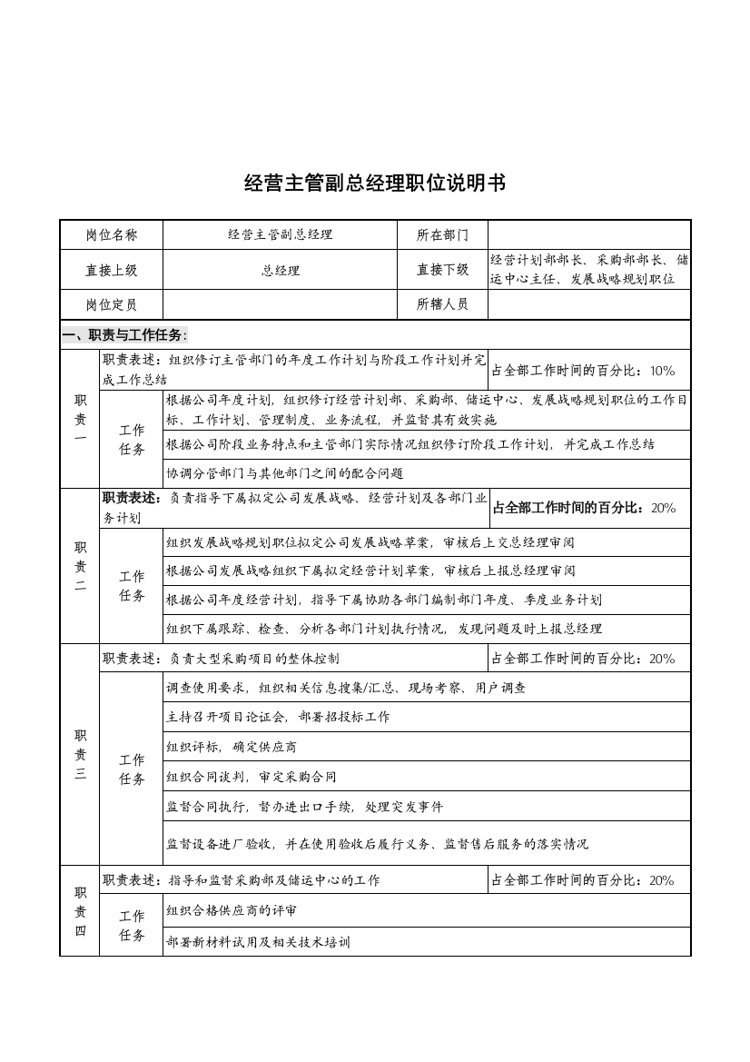 华北光学仪器公司经营主管副总经理职位说明书