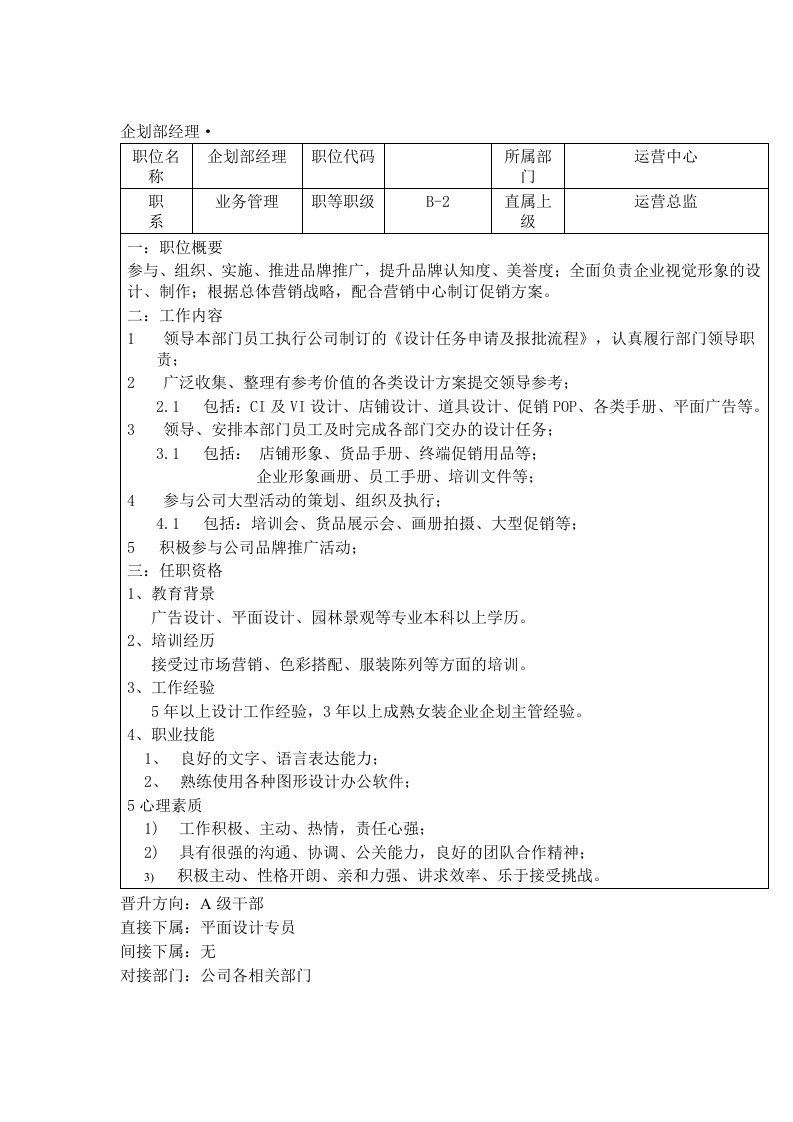 推荐-某工贸销售公司企划部经理岗位说明书