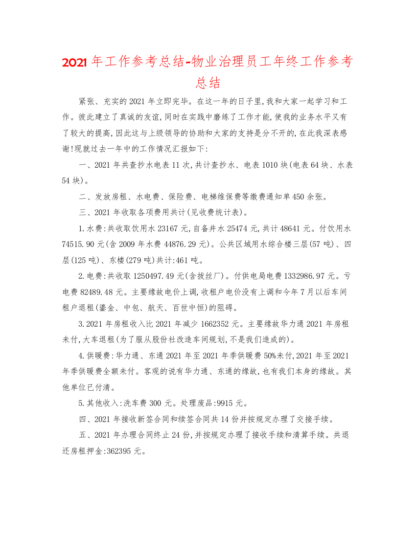 2022年工作参考总结物业管理员工年终工作参考总结