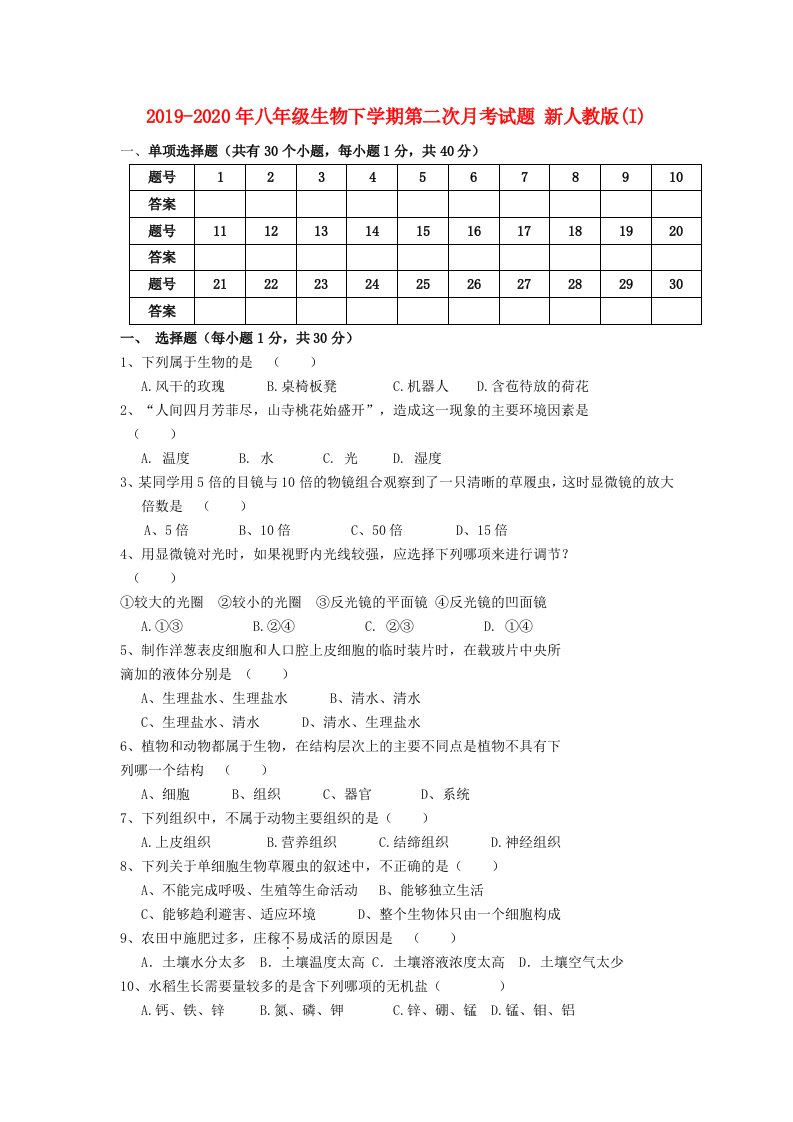 2019-2020年八年级生物下学期第二次月考试题