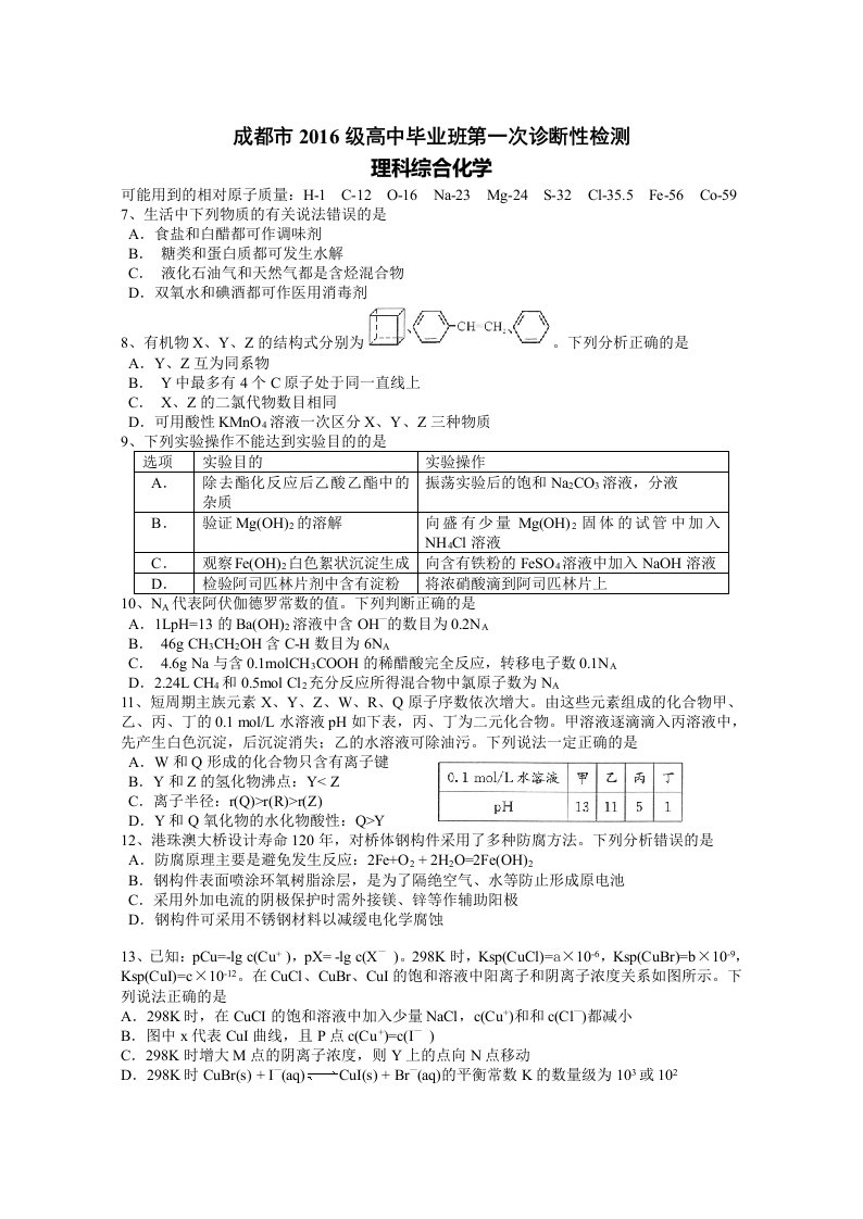 成都市2016级高中毕业班第一次诊断性检测化学