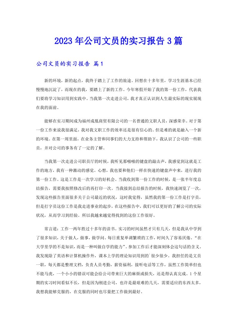 2023年公司文员的实习报告3篇