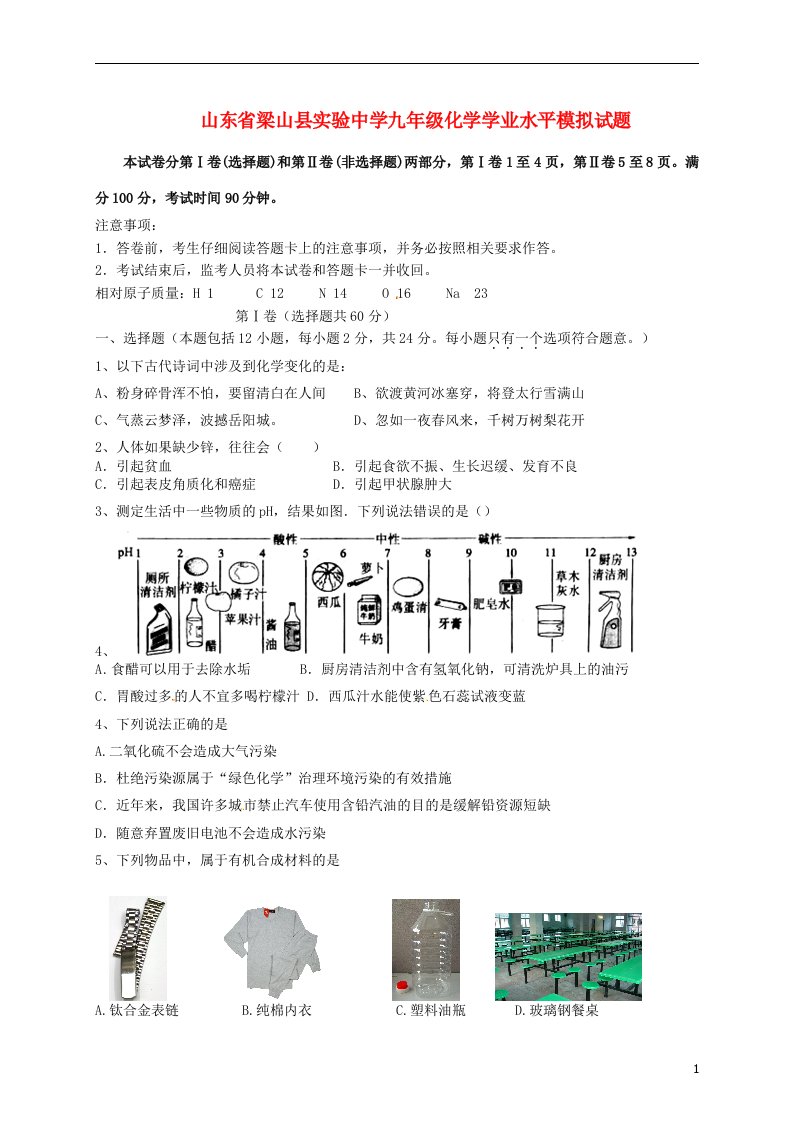 山东省梁山县实验中学九级化学学业水平模拟试题