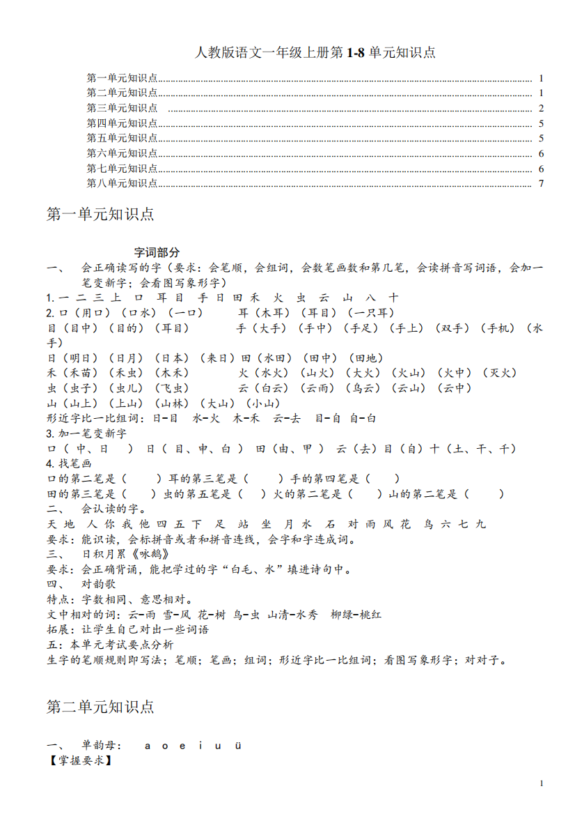 2016年新人教版部编本小学语文一年级上册第1-8单元知识要点整理(老羊精品