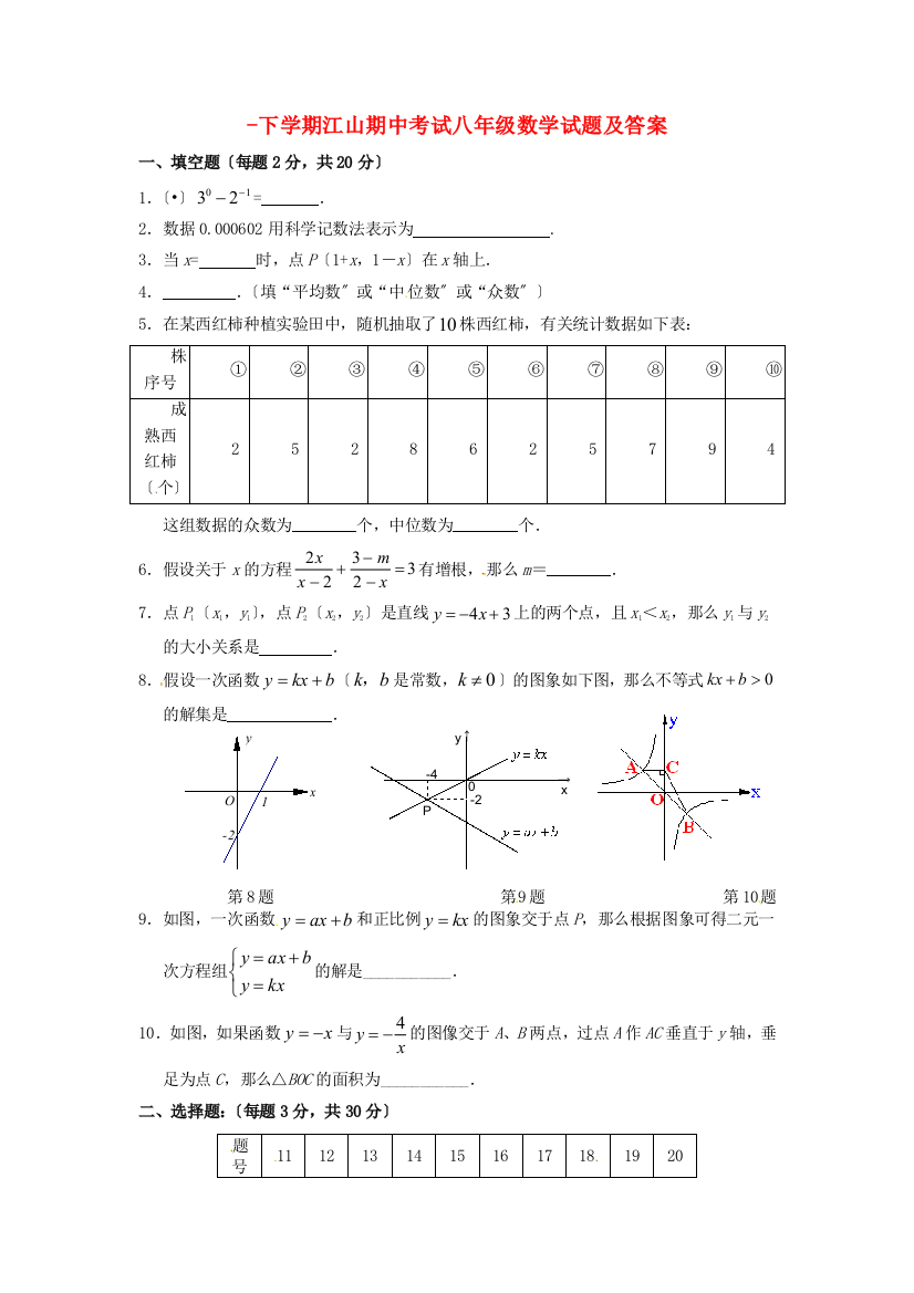 （整理版）下学期江山期中考试八年级数学试题及答案