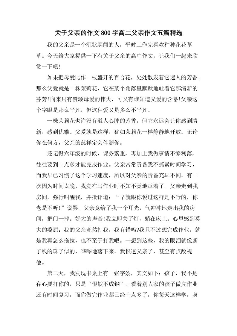 关于父亲的作文800字高二父亲作文五篇