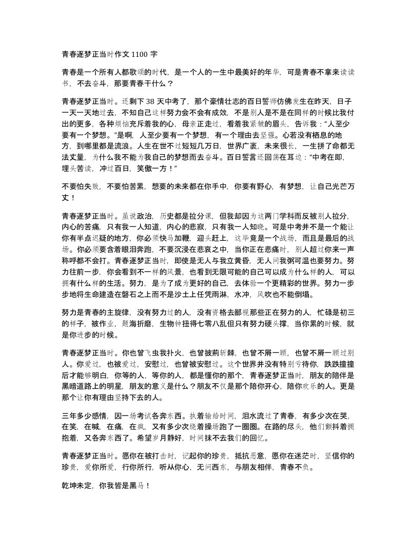 青春逐梦正当时作文1100字