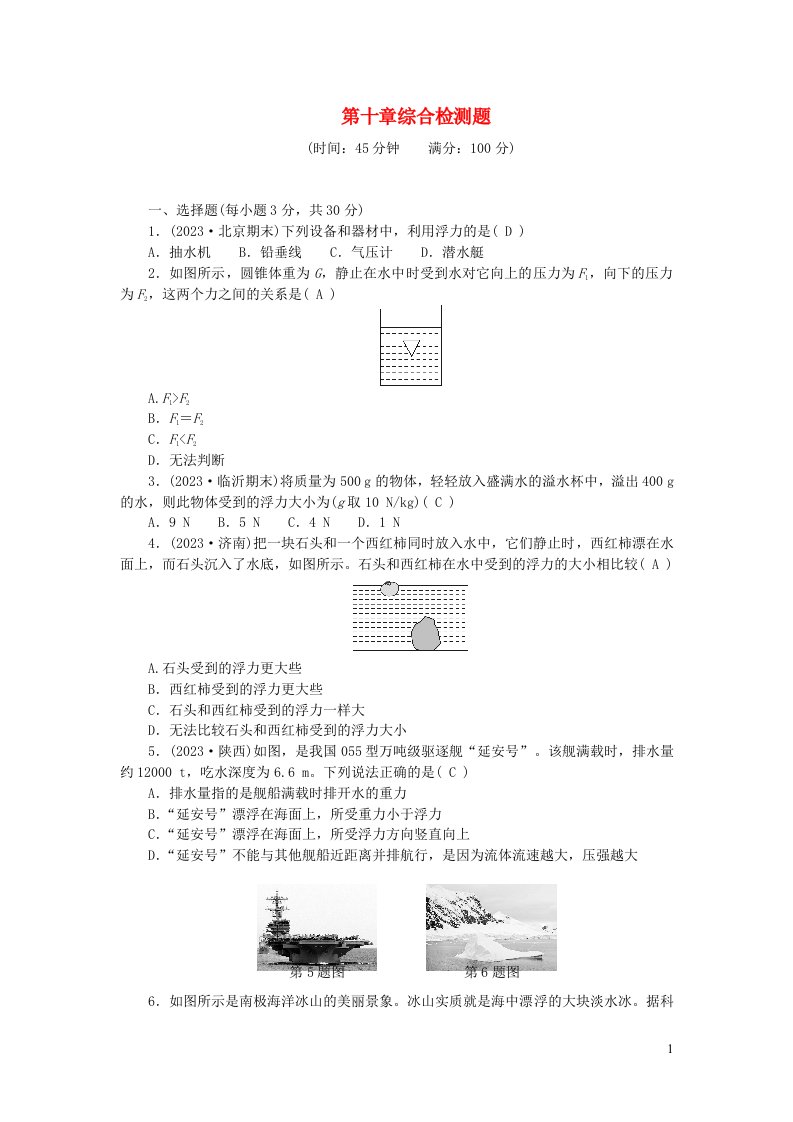 2024八年级物理下册第十章浮力综合检测题新版新人教版