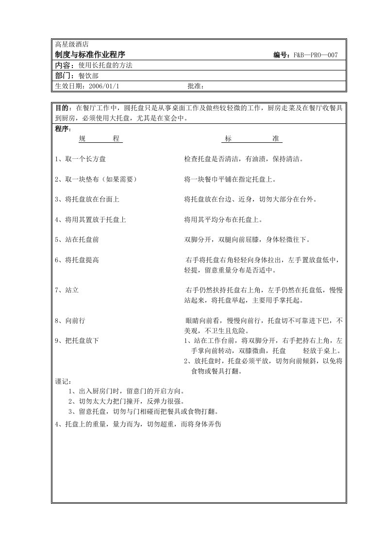 使用长托盘的方法