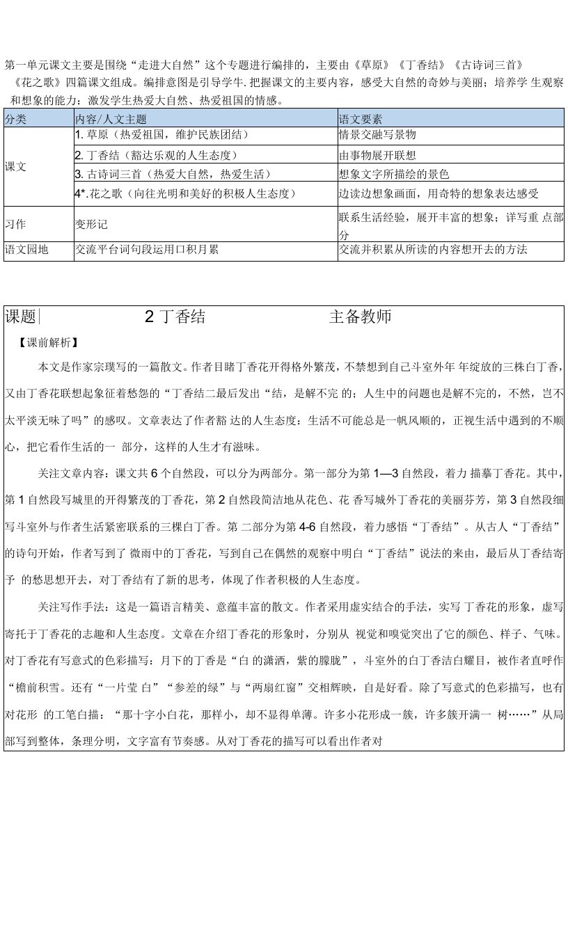 六年级语文丁香结集体备课表格式教案