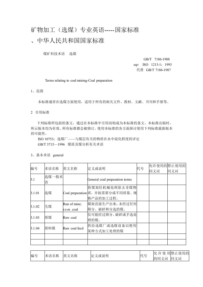 冶金行业-选煤英语标准