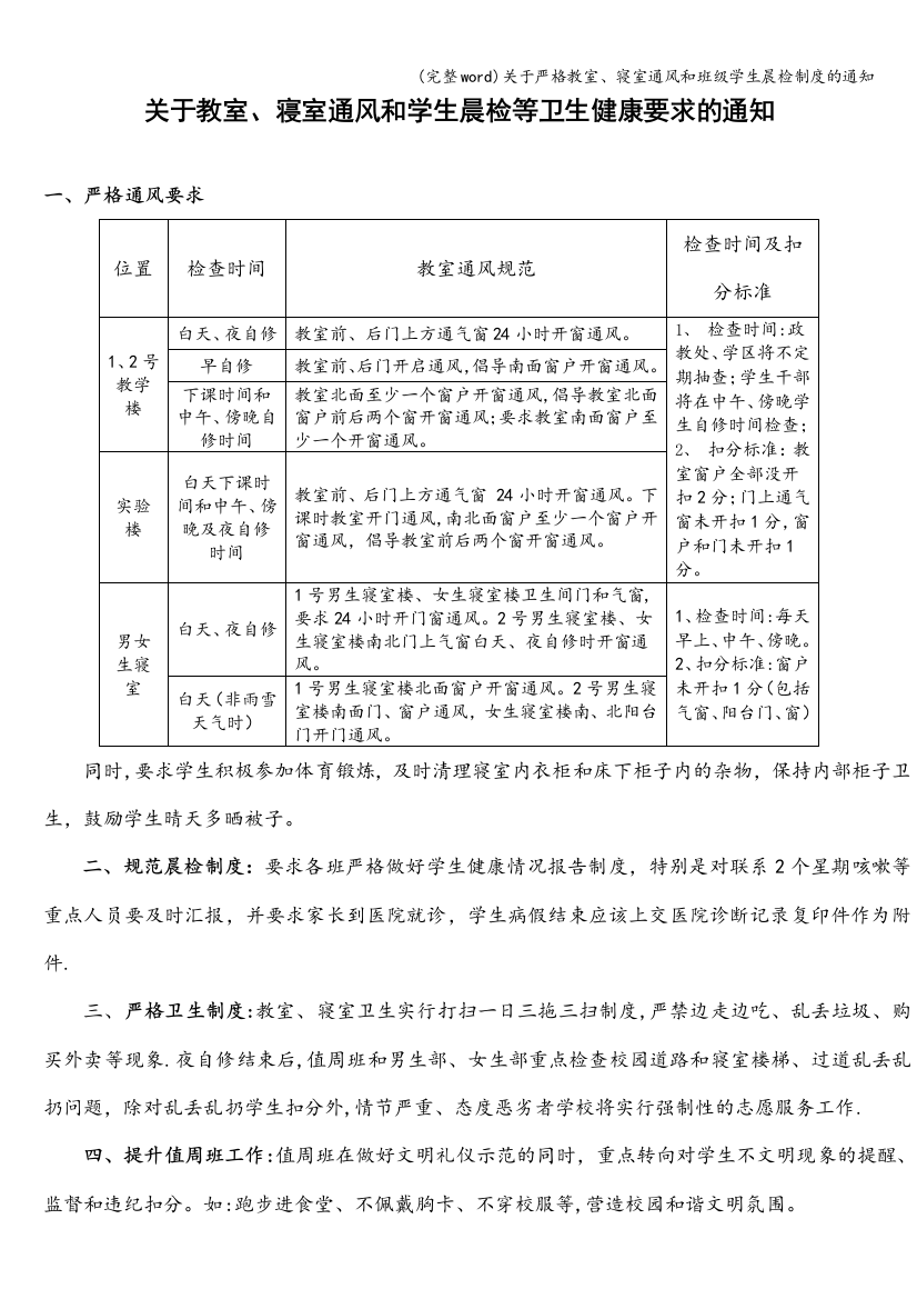 关于严格教室、寝室通风和班级学生晨检制度的通知