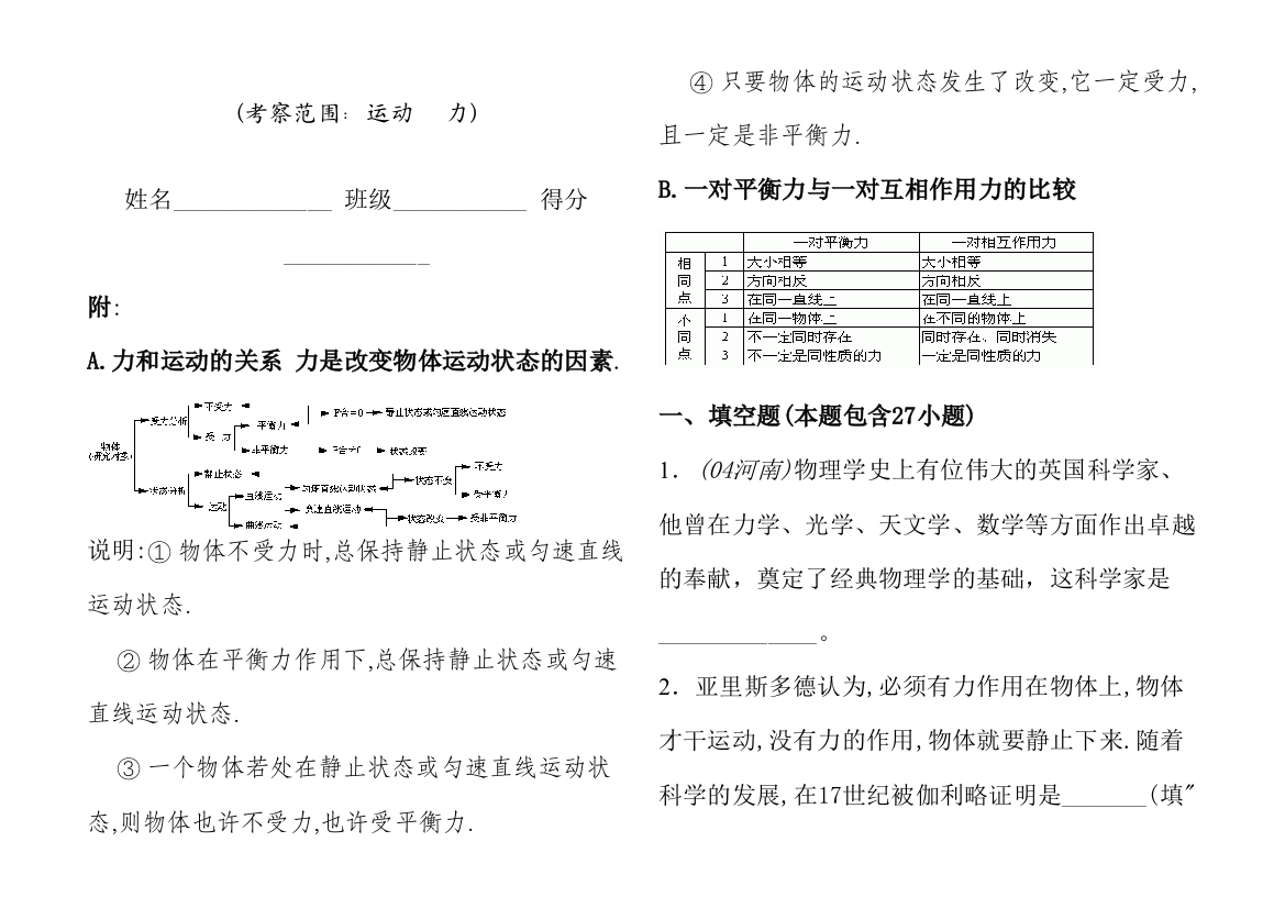 2023年初二物理运动和力经典题库含答案