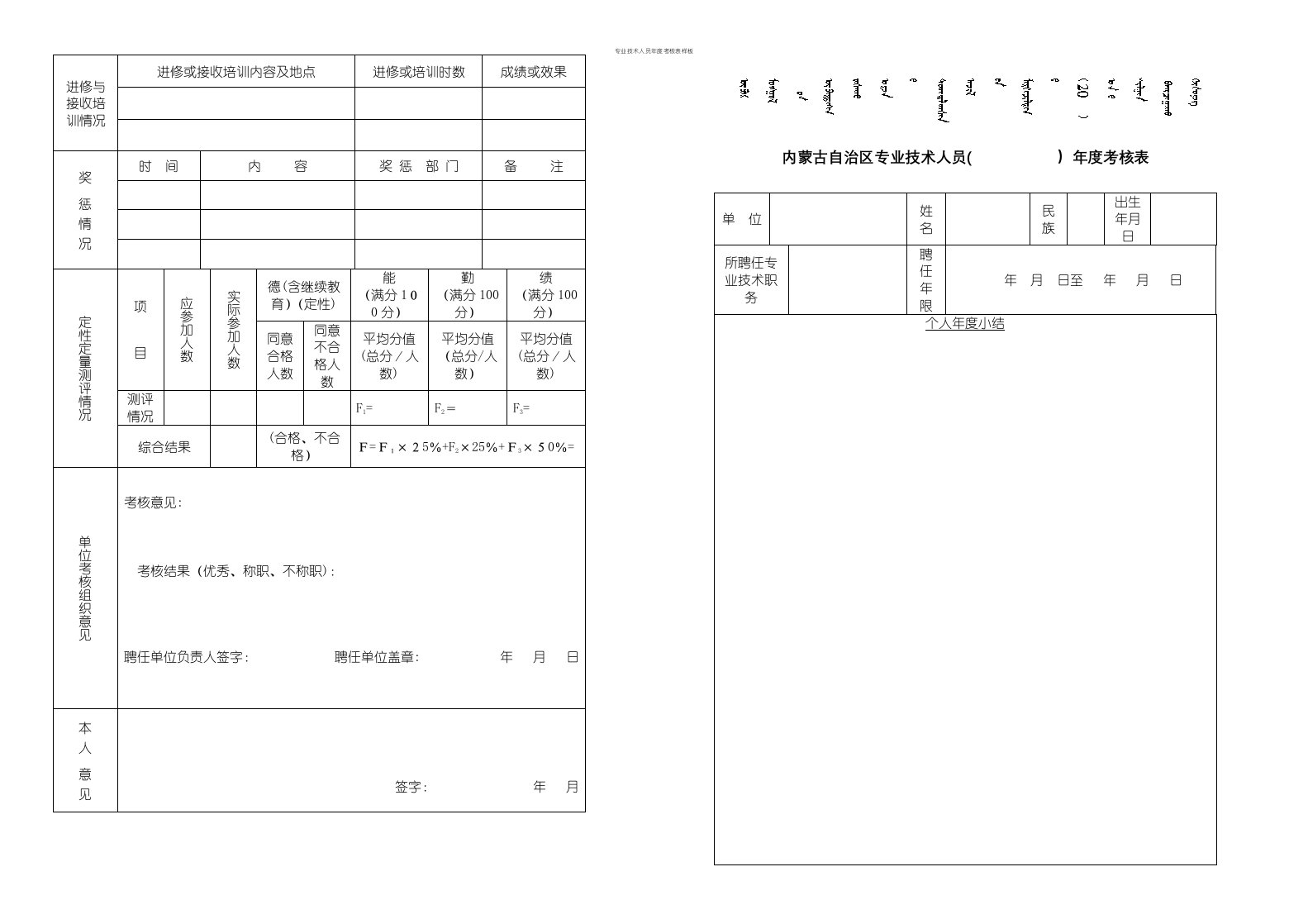 专业技术人员年度考核表样板