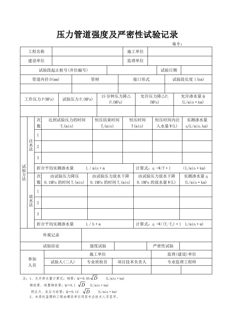 压力管道强度及严密性试验记录