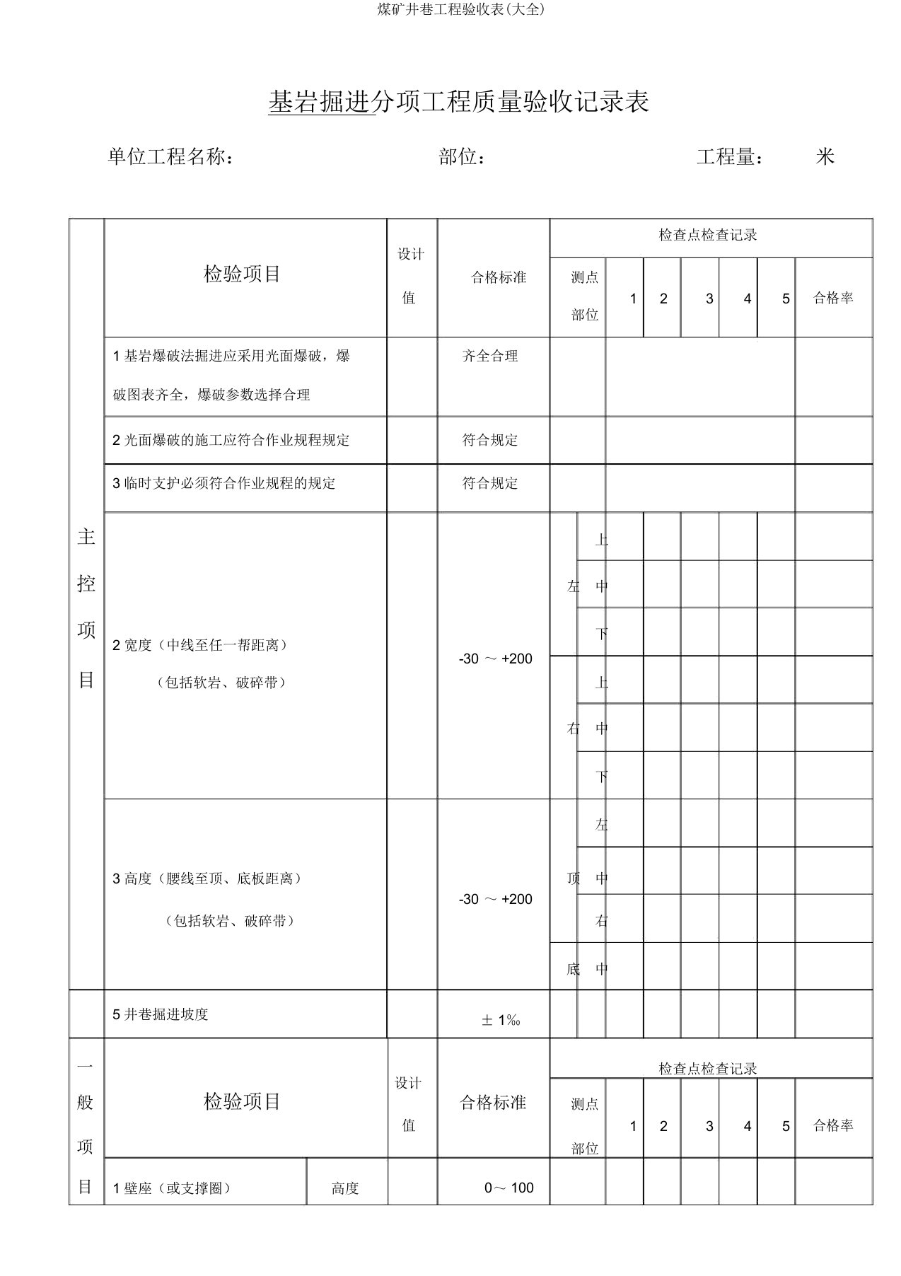 煤矿井巷工程验收表(大全)