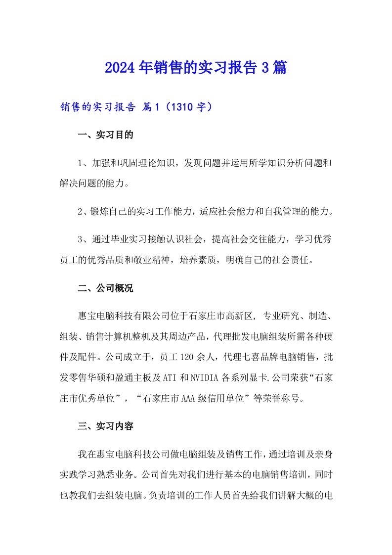 【实用】2024年销售的实习报告3篇