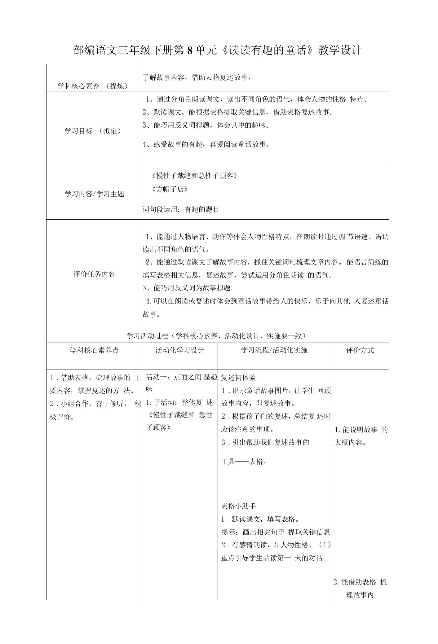 部编语文三年级下册第8单元《读读有趣的童话》教学设计